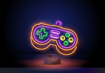 Wall Mural - Game stick neon sign, bright signboard, light banner. VR Games neon icon for decoration in gaming club. Game logo, emblem. Vector illustration