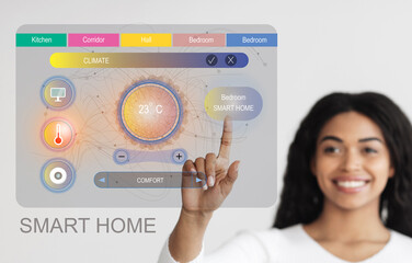 Poster - African american woman setting temperature in bedroom on virtual panel