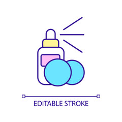 Sticker - Toning skincare product RGB color icon. Spray bottle and cotton pads. Beauty routine step. Isolated vector illustration. Simple filled line drawing. Editable stroke. Arial font used