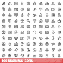 Poster - 100 business icons set, outline style