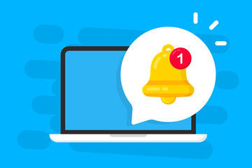 Fototapete - New notification on laptop screen. Unread notification message bubble. Laptop with notification bell. Alert message. Virus problem, danger error alerts, insecure messaging spam problems notifications