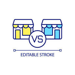 Wall Mural - Comparing two retail stores RGB color icon. Retail competition. Achieve competitive advantages. Isolated vector illustration. Simple filled line drawing. Editable stroke. Arial font used