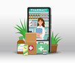 Online pharmacy flat illustration. Medicine ordering mobile app.