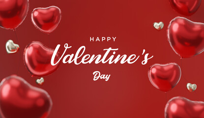 Happy valentine's day greetings red and gold heart decoration in romantic red background banner 3d render 
