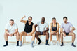 © oneinchpunch - group of multiethnic men posing for a male edition body positive beauty set. Shirtless guys with different age, and body wearing boxers underwear