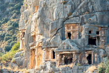 Ancient Tombs And Crypts Carved Into The Rocks In The Ruins Of Myra