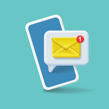 Email Notification Concept. New Mail Or Sms Reminder On Smartphone Screen. Mobile Phone, Envelope Electronic Letter . Vector 3d Illustration
