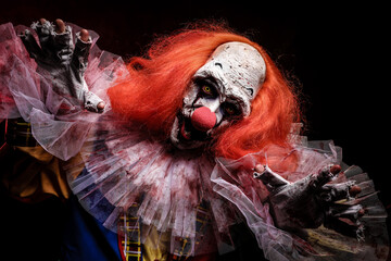 Wall Mural - Terrifying clown on dark background. Halloween party costume