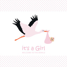 Baby Girl Welcome Greeting Card With Stork For Childbirth