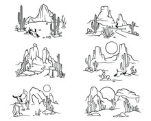 Set Of Desert Scene With Cacti. Collection Of Sand Terrain Of Africa, Sahara, Or Arizona Nature. Logo Of Desert Landscape With Cactus, Bull Skull, Sunset. Vector Illustration Of Wild West.