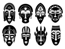 Set Of African Tribal Masks.Collection Of Different Indian, Aztec Mask. Ethnic Wooden Mask. Vector Illustration Of Ancient Face On White Background.