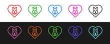 Set Line Heart With Dog Icon Isolated On Black And White Background. Pet Paw In Heart. Love To The Animals. Vector