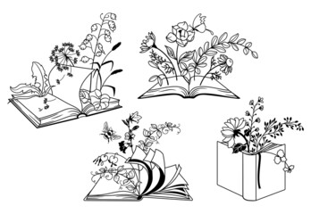 Set of floral books. Collection of books with flowers and open developmental pages. Symbol education and knowledge. Library. Vector illustration on white background