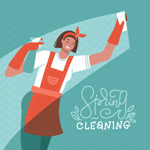 Spring Cleaning Banner With Lettering. Woman Washing Glass Surface With Cloth. Cleaning Company Services, Window Cleaning Concept For Web Banner, Website Page Etc. Flat Hand Drawn Vector Illustration.