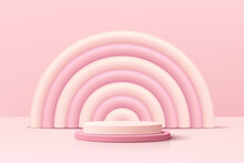 Realistic Pink 3D Cylinder Pedestal Podium With Pink And White Balloon Arch Shape. Valentine Pastel Minimal Scene For Products Showcase, Promotion Display. Vector Abstract Studio Room  Platform Design