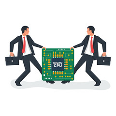 Competition for electronic chip. Shortage semiconductor and computer chip. Two businessman fighting. Electronics manufacturing problem. Vector illustration flat design. Isolated on white background.