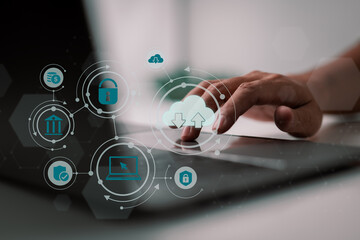Leinwandbilder - A man uses a laptop with a cloud computing schematic. Cloud computing is a type of technology that allows you to store. Storage of information. Concept of networking and internet service.