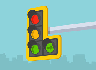 Wall Mural - Traffic regulations. Perspective close-up view of a traffic signal with right green arrow. Flat vector illustration template.