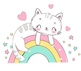 Hand drawn cute cat and rainbow cartoon character vector illustration childish design print