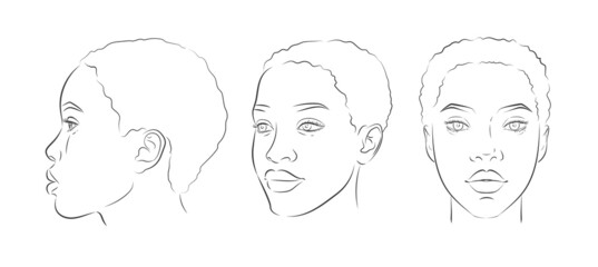 Wall Mural - Vector African American woman face. Set of dark-skinned women portrait three different angles.