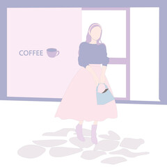 A girl is wearing elegant clothing and standing  in front of a coffee shop