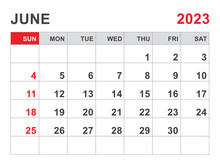 Calendar 2023 Template, June 2023 Layout, Printable Minimalist Monthly Planner, Desk Calendar 2023 Template, Wall Calendar 2023 Design, Week Start On Sunday, Stationery, Printing, Red Color, Vector