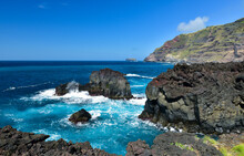 The Volcanic Origin Of The Coast Of The Island Of Sao Miguel. Ponta Da Ferraria. Azores, Portugal. 