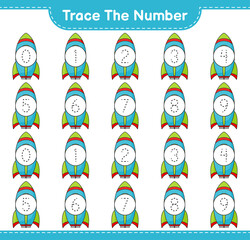 Trace the number. Tracing number with Rocket. Educational children game, printable worksheet, vector illustration