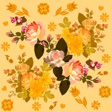 Luxurious Romantic Pattern For A Pillow, Pillowcase, Napkin With Dahlias, Roses, Dolichos Lab-lab And Abstract Flowers On A Light Orange Background. Vector Endless Print For Fabric.
