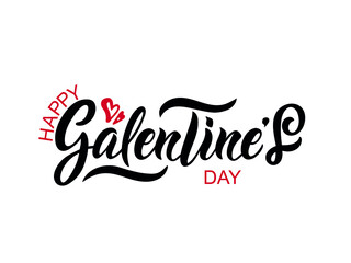 Happy Galentine’s Day handwritten text and two red hearts, modern brush ink calligraphy, hand lettering isolated on white background. Vector illustration  for banner, poster, card template