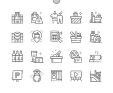 Shopping Mall. Clothes Shop. Buying Foodstuffs. Discounted Goods. Fitting Room. Pixel Perfect Vector Thin Line Icons. Simple Minimal Pictogram
