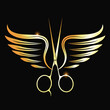 Scissors and golden wings hair stylist symbol. Beauty salon and barbershop