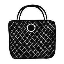 Vector Image Of A Women's Bag, Black And White Hand Drawing. Suitable For Illustrating Websites, Magazines And Other Topics About Fashion And Style.