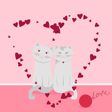 Сouple Love Of Cat In Valentine Day. Cats In Love.Enamored Cats In The Heart. Ball Of Wool With The Word Love. Vector Illustration.