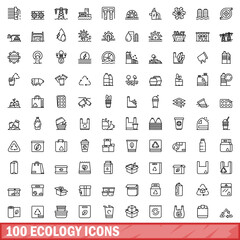 Poster - 100 ecology icons set, outline style