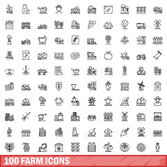 Poster - 100 farm icons set, outline style