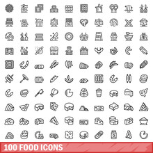 100 Food Icons Set, Outline Style