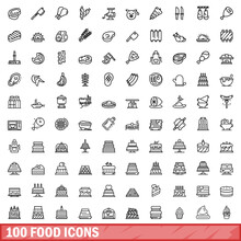 100 Food Icons Set, Outline Style