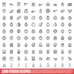Wall Mural - 100 food icons set, outline style
