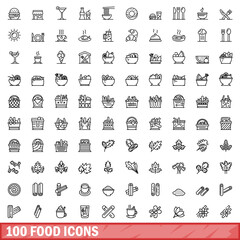 Wall Mural - 100 food icons set, outline style
