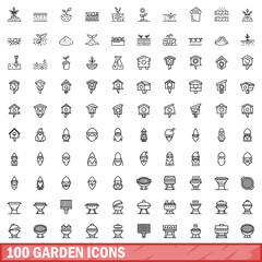 Sticker - 100 garden icons set, outline style