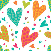 Seamless Background With Bright Hearts In Polka Dots.