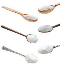 Set With Spoons Of Baking Soda On White Background