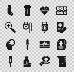 Sticker - Set Measuring cup, Medical prescription and pen, Heart rate, IV bag, Magnifying glass for search medical, Inhaler and icon. Vector