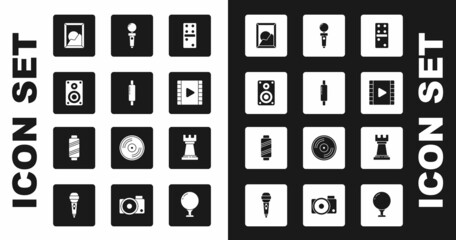 Sticker - Set Domino, Rolling pin, Stereo speaker, Picture landscape, Play Video, Joystick for arcade machine, Business strategy and Sewing thread on spool icon. Vector