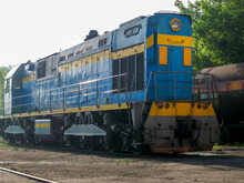Shunting Diesel Locomotive On Railway Rails Of Ferrous Metallurgy 
