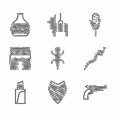 Wall Mural - Set Lizard, Poncho, Revolver gun, Snake, Burrito, Huehuetl, Corn and Tequila bottle icon. Vector