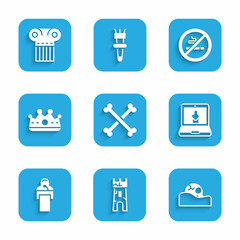 Poster - Set Crossed human bones, Castle tower, Human skull, Online museum, Gives lecture, King crown, No Smoking and Ancient column icon. Vector