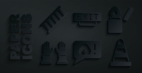 Wall Mural - Set Telephone call 911, Lighter, Firefighter gloves, Traffic cone, exit and escape icon. Vector