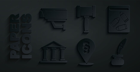 Sticker - Set Location law, Evidence bag and bullet, Courthouse building, Feather inkwell, Judge gavel and Security camera icon. Vector